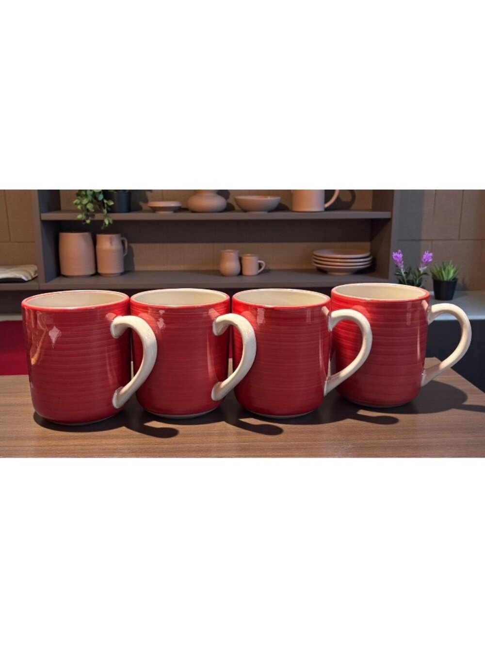 TodaysHome Set Of 4 Red And Cream Ceramic Coffee Mugs Vintage 90s
